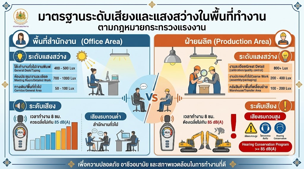 มาตรฐานระดับเสียงและแสงสว่างในพื้นที่สำนักงานและฝ่ายผลิตตามกฎหมายกระทรวงแรงงาน